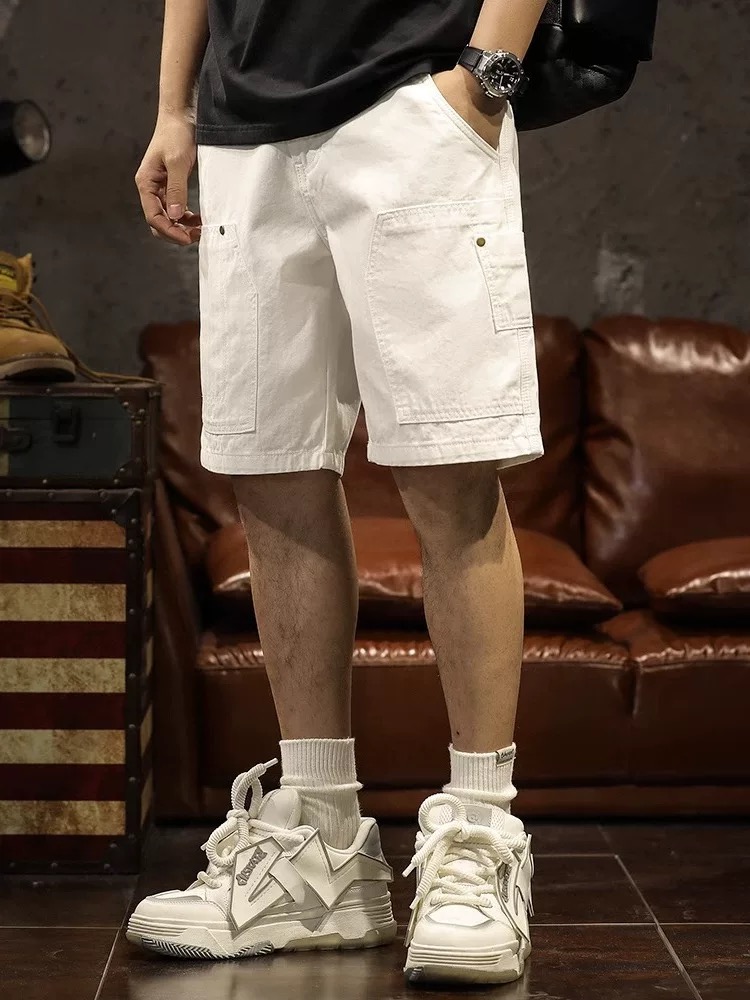 Men White Denim Shorts Utility Cargo Style Knee Length Casual Shorts With Side Pocket Summer Jeans Wholesale Ready Stock photo 2