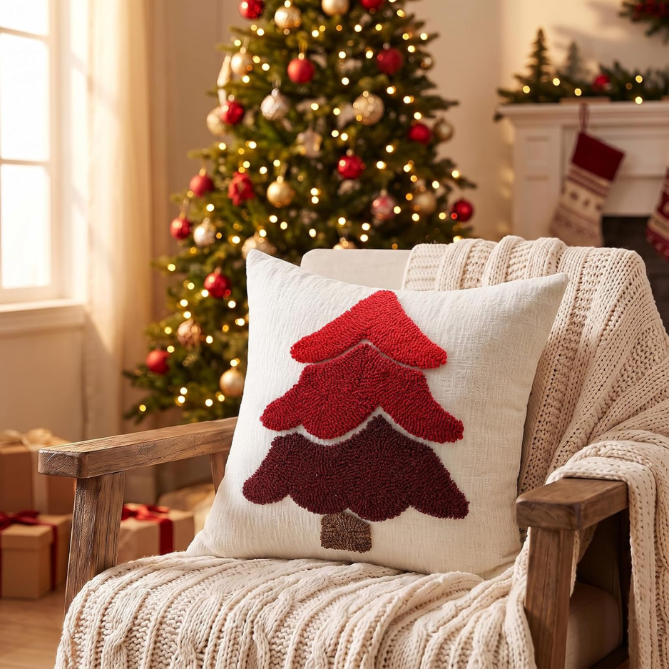 2Pcs Chenille Christmas Tree Pillow Covers 18x18, Red Holiday Decor photo 4