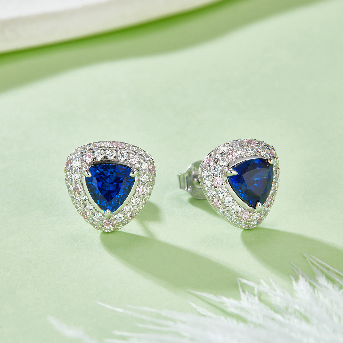 S925 Silver 3g 1.6ct Lab-Created Sapphire Earrings, 6mm Trillion Cut Halo, Pair photo 2