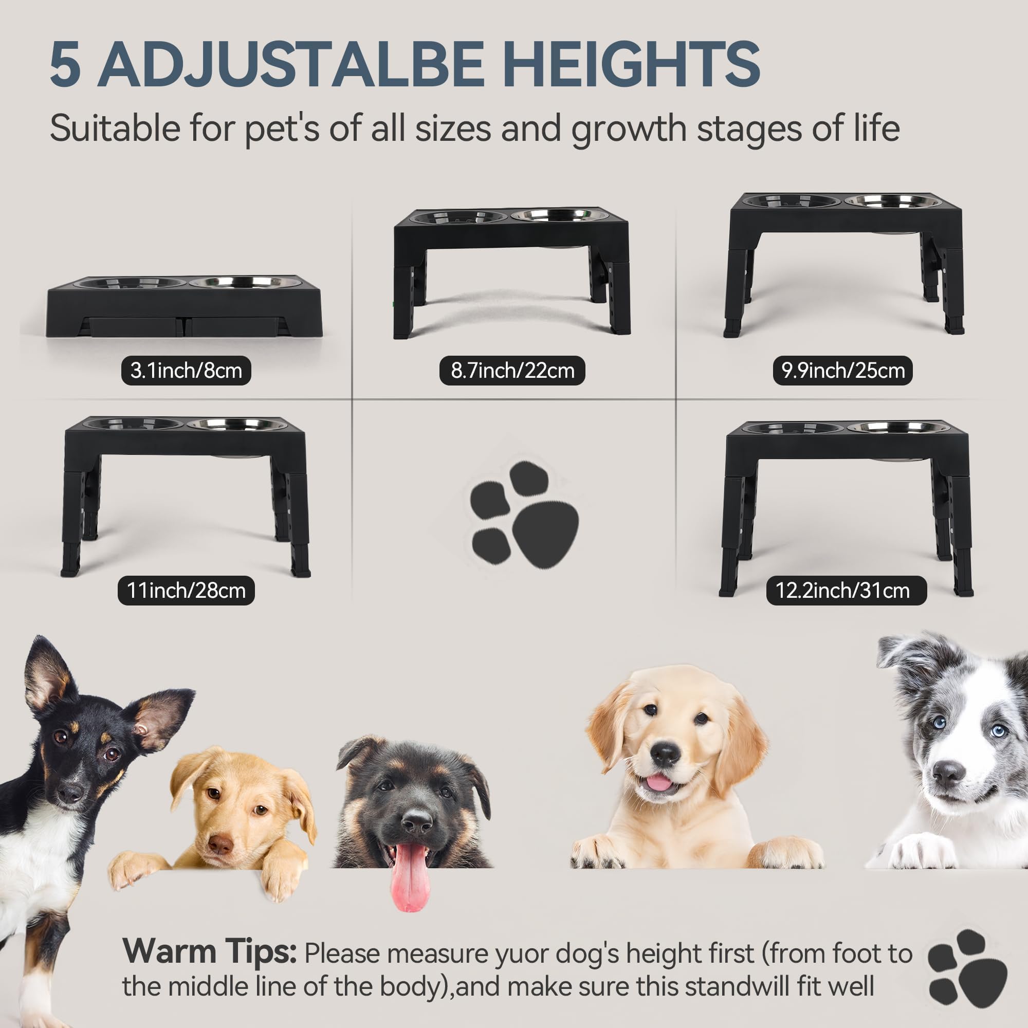 Elevated Dog Bowls, Raised Dog Bowl With Slow Feeder Bowl & Stainless Steel Bowls, 5 Heights Adjustable Dog Feeding Bowl Stand For Small Medium Large Dogs, Food Dishes With Non-Slip Feet photo 3