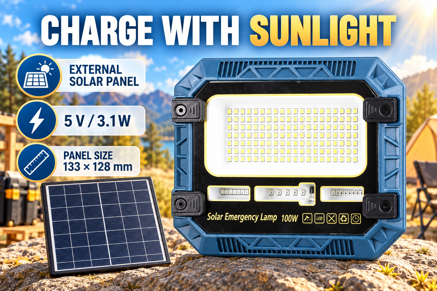 Solar Powered Rechargeable Battery Display 18650 W8114 1 Red Blue Warning LED Flood Light SMD photo 6