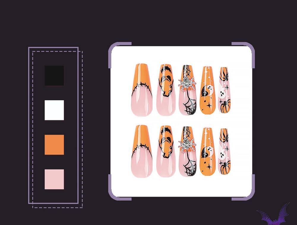 24Pcs Halloween Press On Nails, Medium Ballerina False Nails, Cute Pumpkin Ghost Spider Bat Pattern Acrylic Fake Nails, Reusable Full Cover Stick On Nails For Halloween Party Home DIY Manicure photo 6