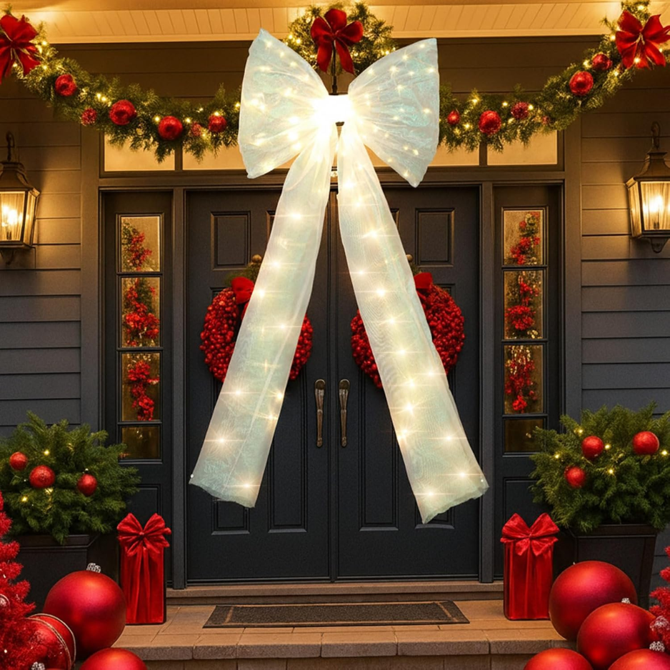 Giant White Mesh LED Christmas Tree Topper Bow, Large Holiday Tree Decoration photo 4
