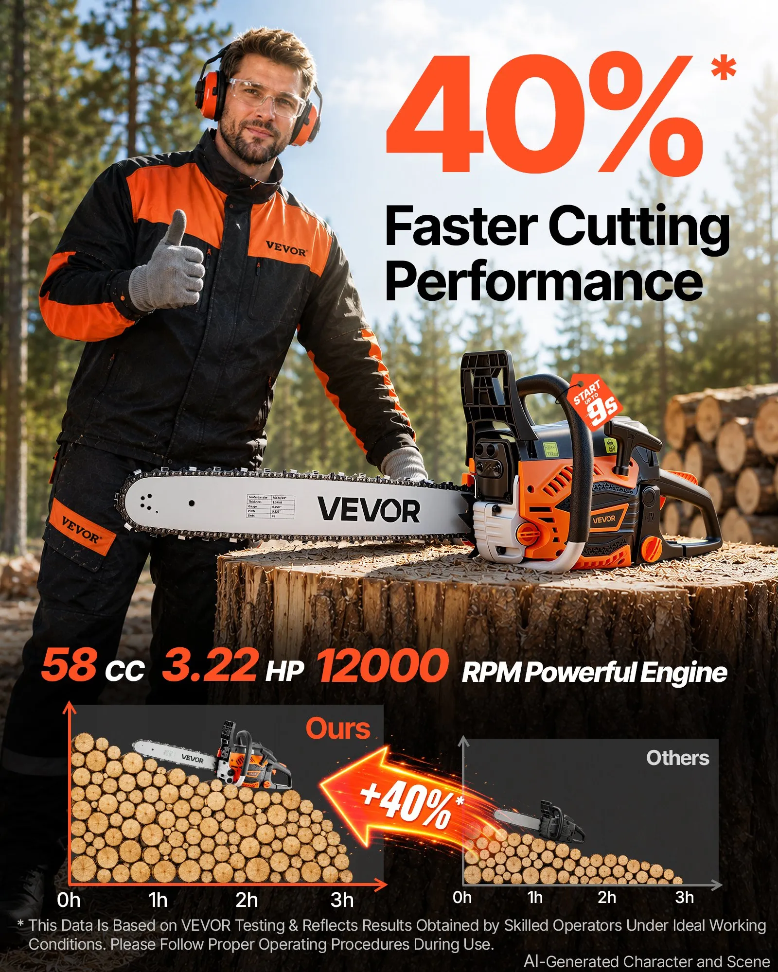 Gas Powered Chainsaw 18 & 20 Inch 58CC 3.22HP 2 Stroke Engine Saw, For Wood Cutting, Tree Trimming & Land Clearing, Throttle-Synced Choke, Power Chain Saw With Non-Slip Handle & Dual Tanks photo 6