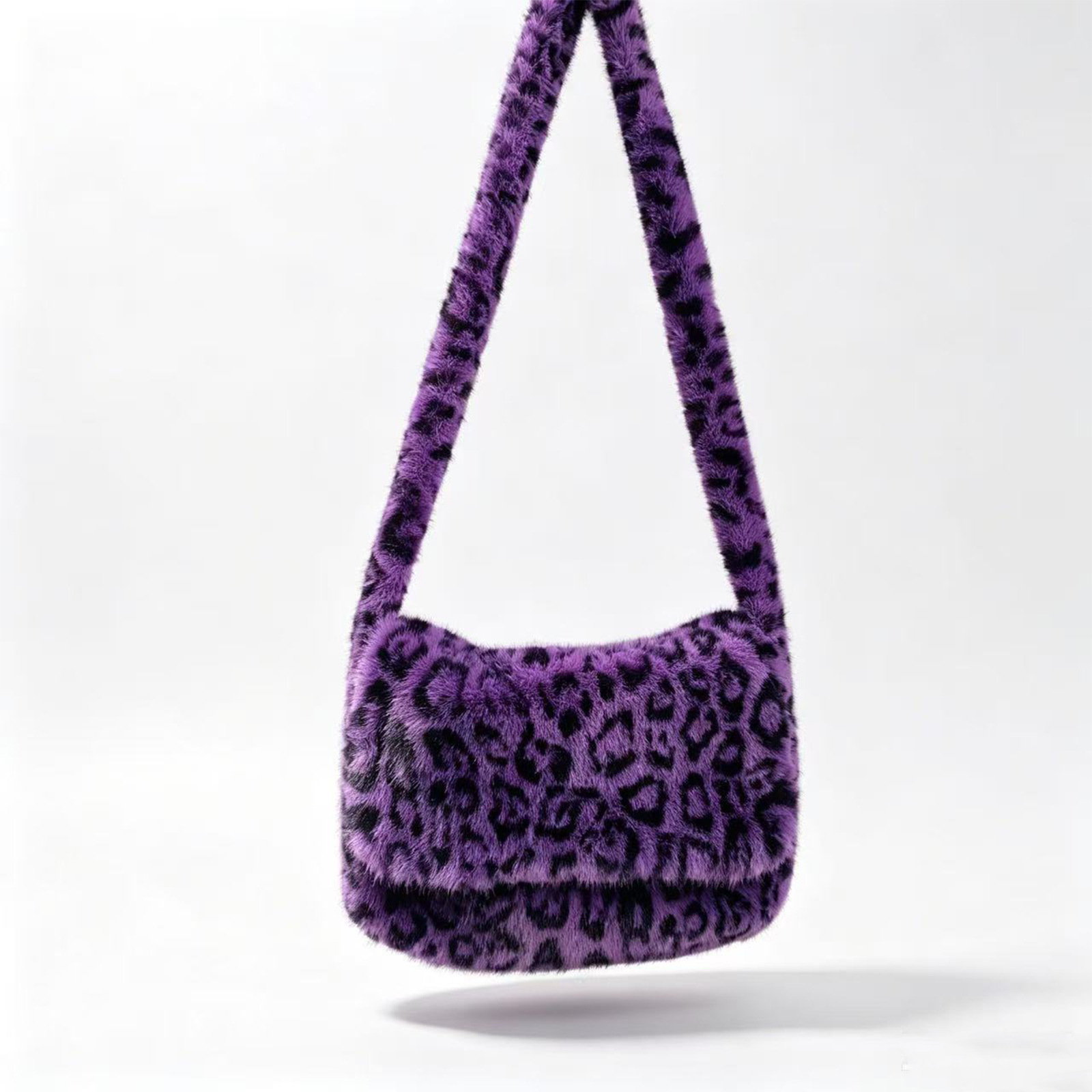 2026 New Leopard Print Plush Crossbody Bag Women's Korean Version Fashionable Faux Fur Large Capacity Shoulder Bag Flap Trend - Purple Leopard Print photo 4