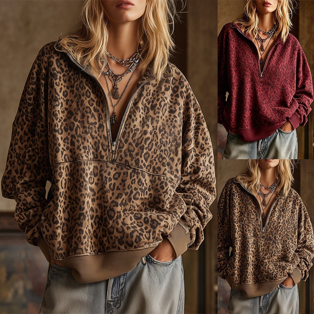 NewArrivalFall Winter HotsellingLeopard Print ZipUp Versatile Casual Womens Hoodie photo 1
