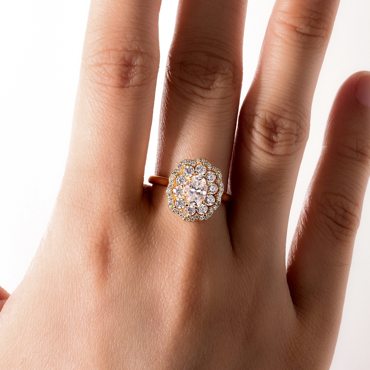 S925 Silver Gold Plated 5x7mm Oval Moissanite Ring Double Floral Halo D Color VVS1 US Size 6-9 GRA Certified Gift Box photo 5