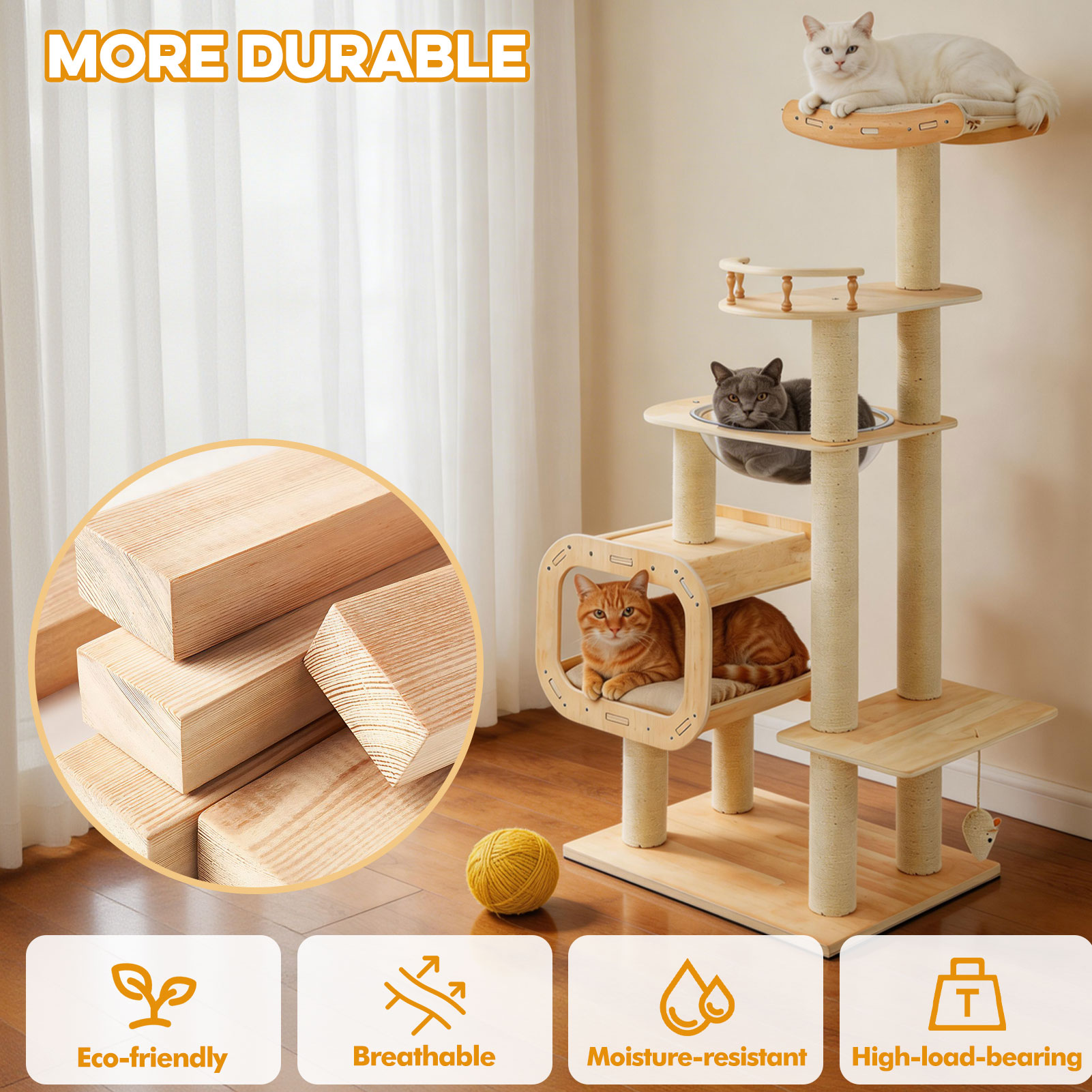 Modern Heavy-Duty No-Drill Cat Tree-Solid Wood Multi-Story Board, 4-Story Multi-Column Cat Tower, 57.9in For Multi-Cat Households, Open Condo, Space Capsule & Perch, Natural Wood Indoor Pet Furniture photo 2