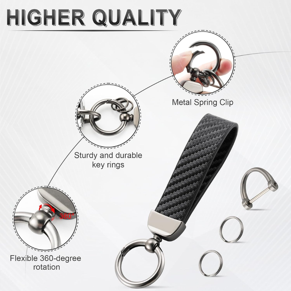 Leather Keychain, Carbon Fiber Car Key Chain With Anti-Lost D-Ring And 2 Key Ring, Keychain Wristlet, Car Accessories, Universal Keychain For Men And Women photo 4