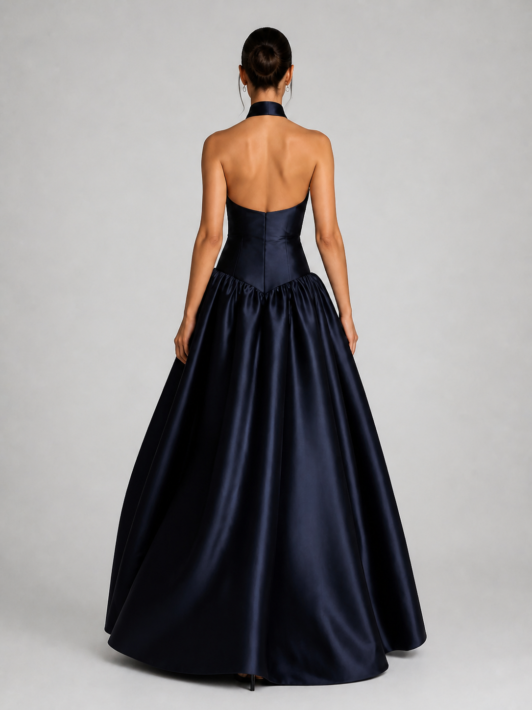 Midnight Navy Satin Halter Neck Ball-Gown Evening Dress photo 3