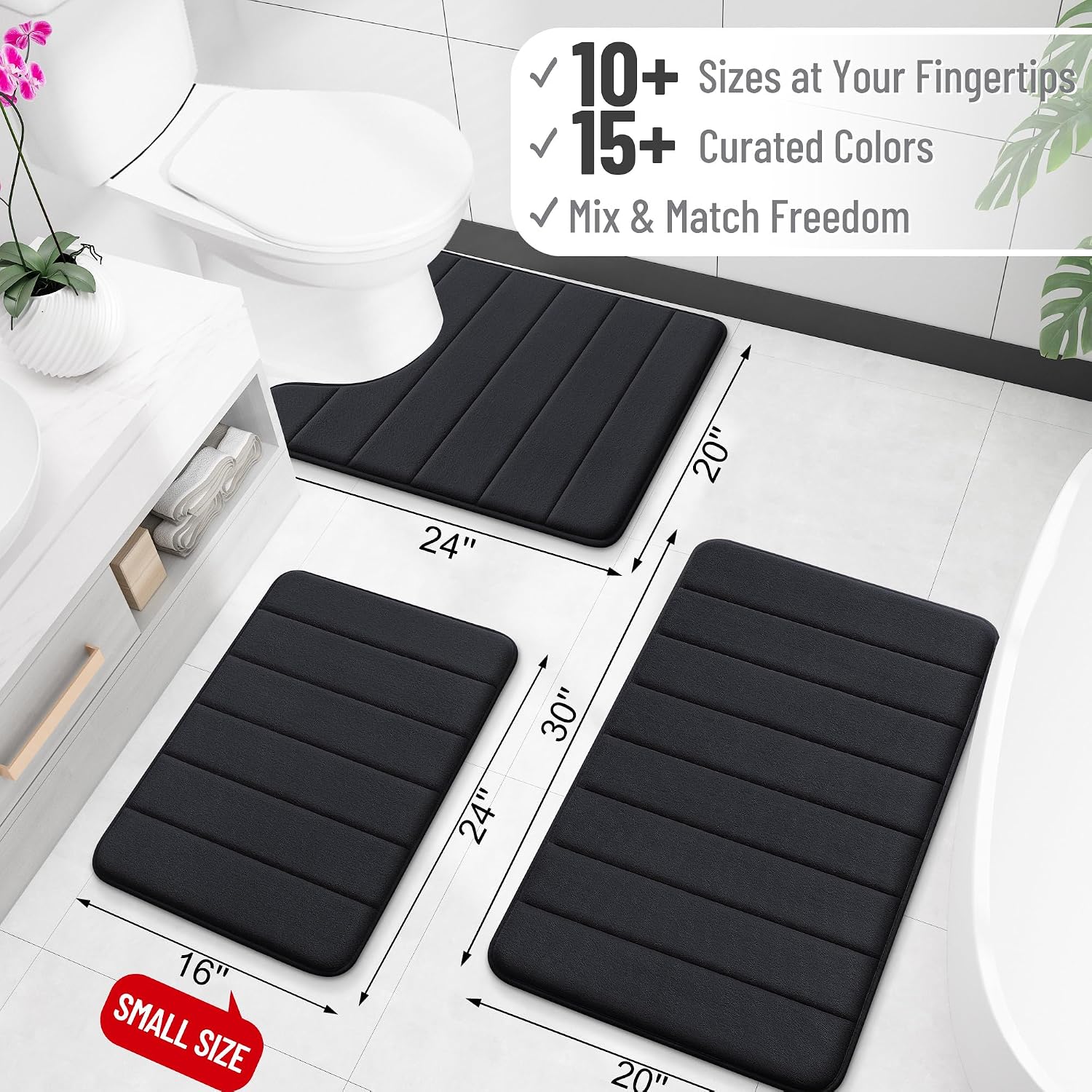 Soft Memory Foam Bath Mat 16x24 Inch, Black Absorbent Bathroom Floor Rug For Shower, Tub, Vanity And Home photo 2