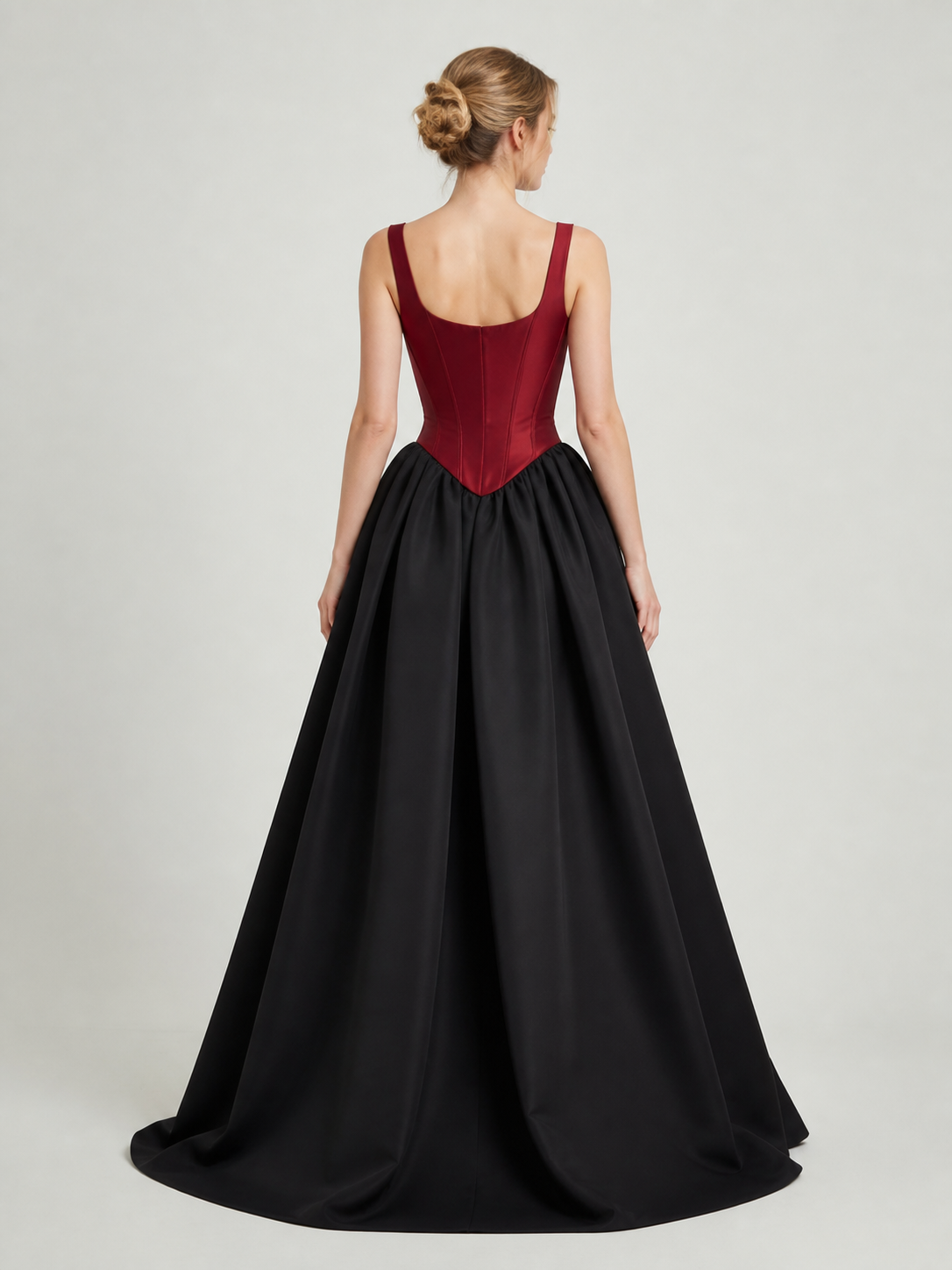 Burgundy Corset Bodice Black Satin Ball-Gown Evening Dress photo 3