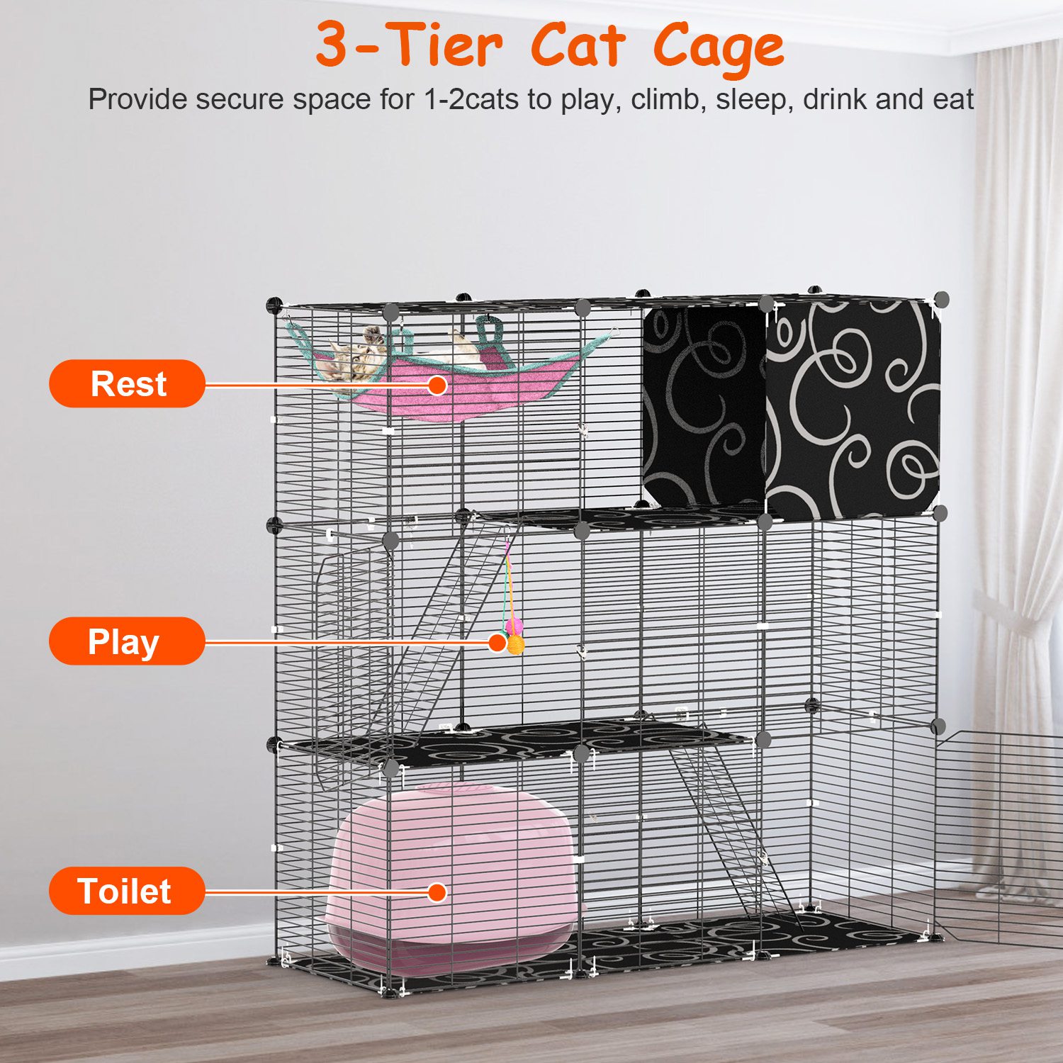 3-Tier Cat Cage Enclosure Indoor Cat Cage Playpen With Hammock Toy Ball Ladder DIY Iron Wire Cat House Kennels Crate For 1-2 Cats Ferret Rabbit Small Animals photo 8