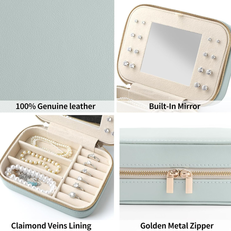 Genuine Leather Travel Jewelry Organizer Case With Mirror For Women, Small Mini Portable Jewelry Box For Ring Earrings Necklace Bracelet Luxury Gift For Women photo 2