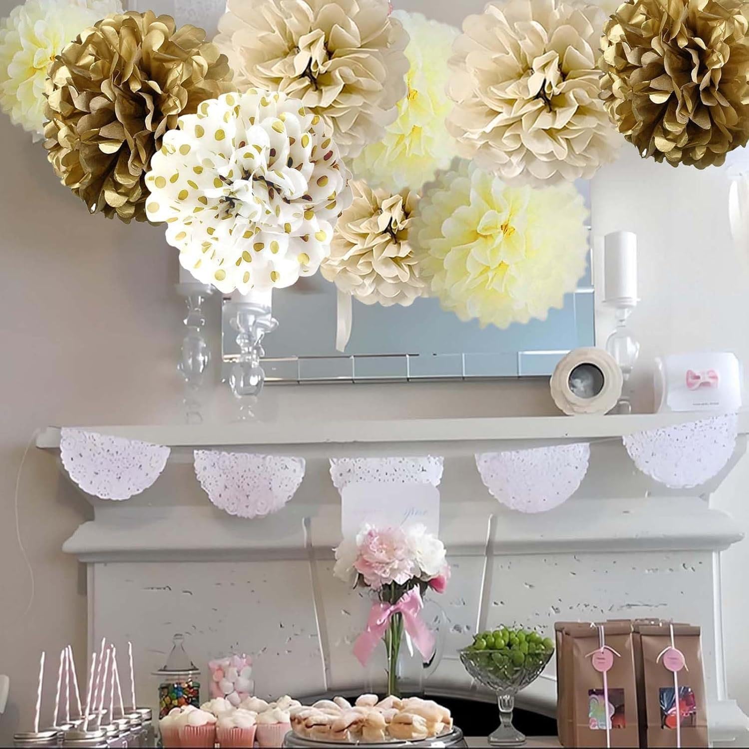 Gold White Tissue Paper Pom Poms 12 Units, Hanging Party Decorations For Wedding, Engagement, Birthday, Bridal Shower And Bachelorette photo 5