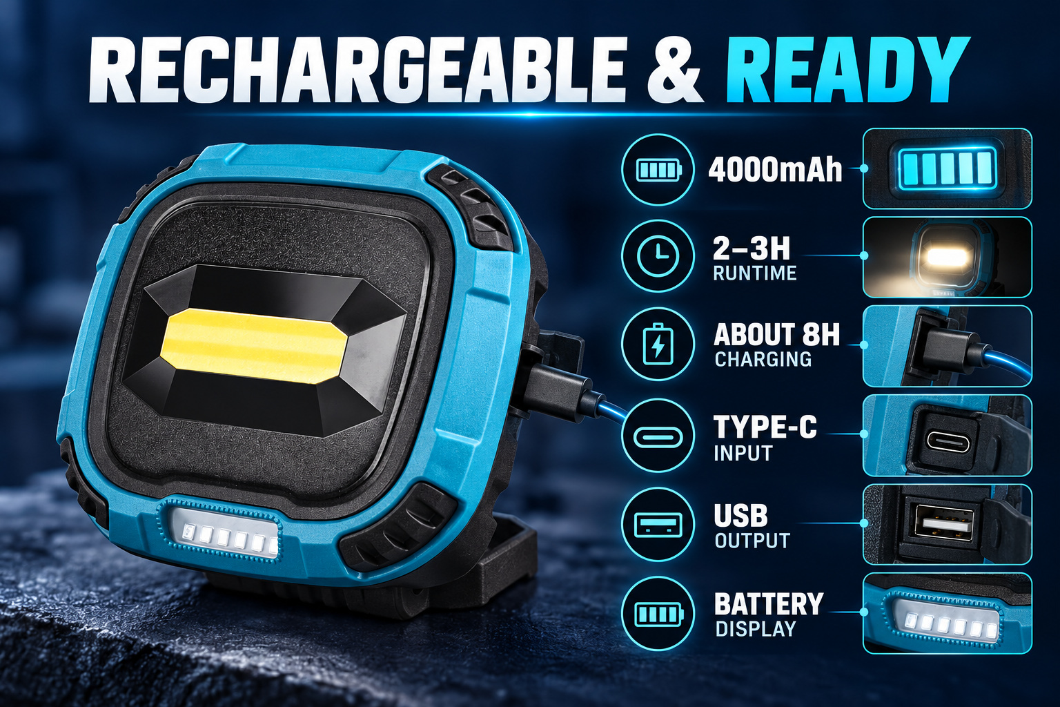 Rechargeable Magnetic Battery Display Type C LED Work Light Base Hanging W895 3 COB Flood photo 5