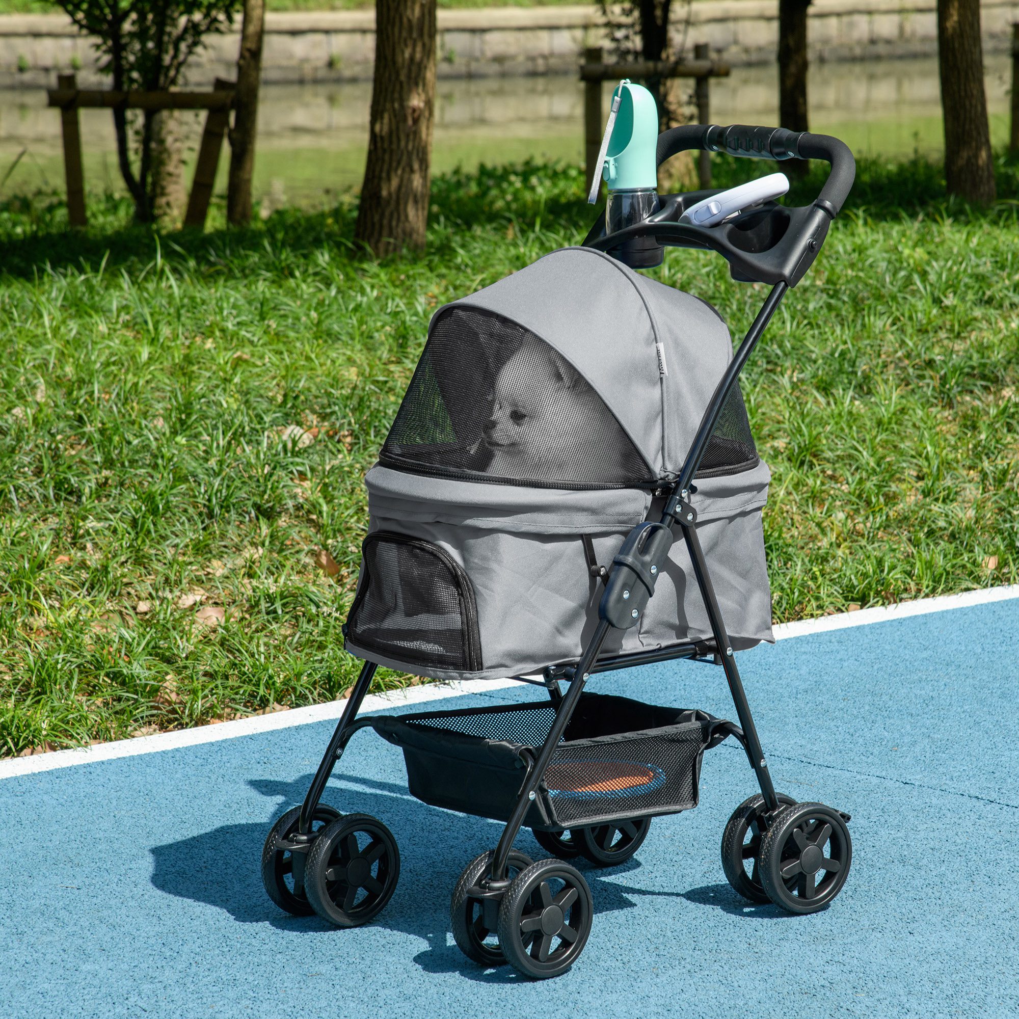 PawHut Dog Pram Dog Stroller Foldable Pet Pushchair With 4 Wheels, Safety Leashes, Cup Holder For Small Dogs, Grey photo 7