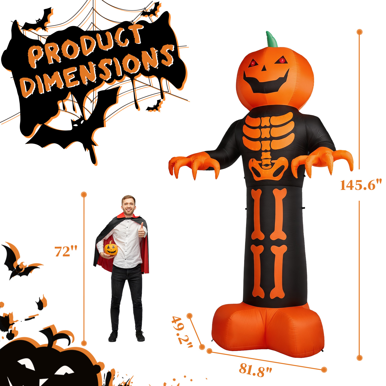 12ft Inflatable Halloween Decor With Skeleton Ribs,Pumpkin & Grim Reaper,3 LED Lights - 115 Count String Lights,Black & Orange,12V 2000mA US Power Adapter photo 5