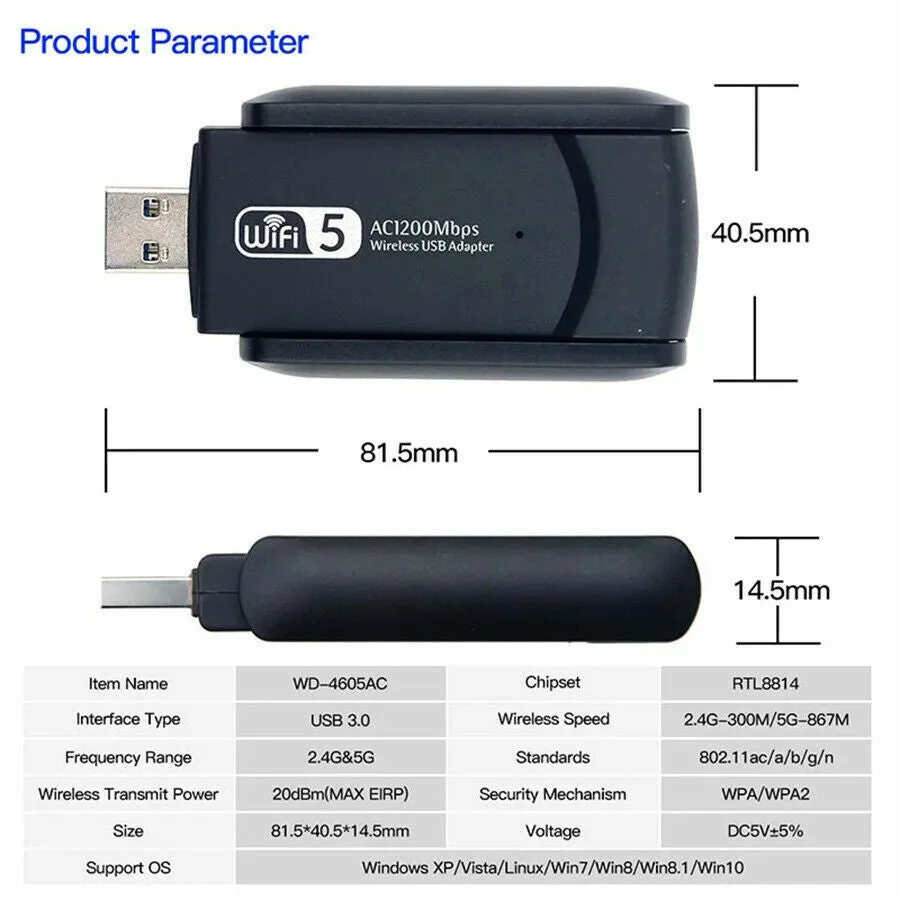1200Mbps Long Range AC1200 Dual Band 5GHz Wireless USB 3.0 WiFi Adapter Antennas photo 8