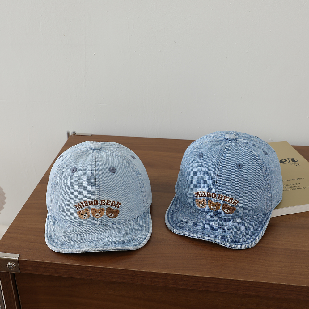 Baby Water Washed Denim Retro Beanie With Bear Embroidery And Soft Brim. Spring Autumn Outdoor Breathable Baseball Cap photo 2