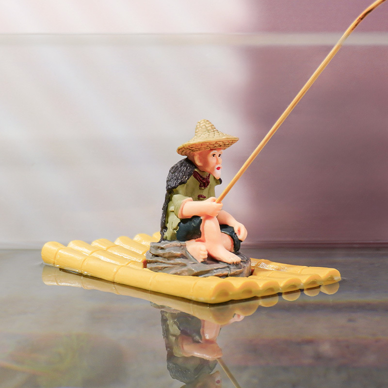 2-in-1 Floating Aquarium Decor, Interactive Floating Fish Tank Fisherman Decorations On PVC Bamboo Raft With Stable EVA Pad Buoyancy For Guppy, Small Schooling Species, Paludarium And Zen Pond photo 4