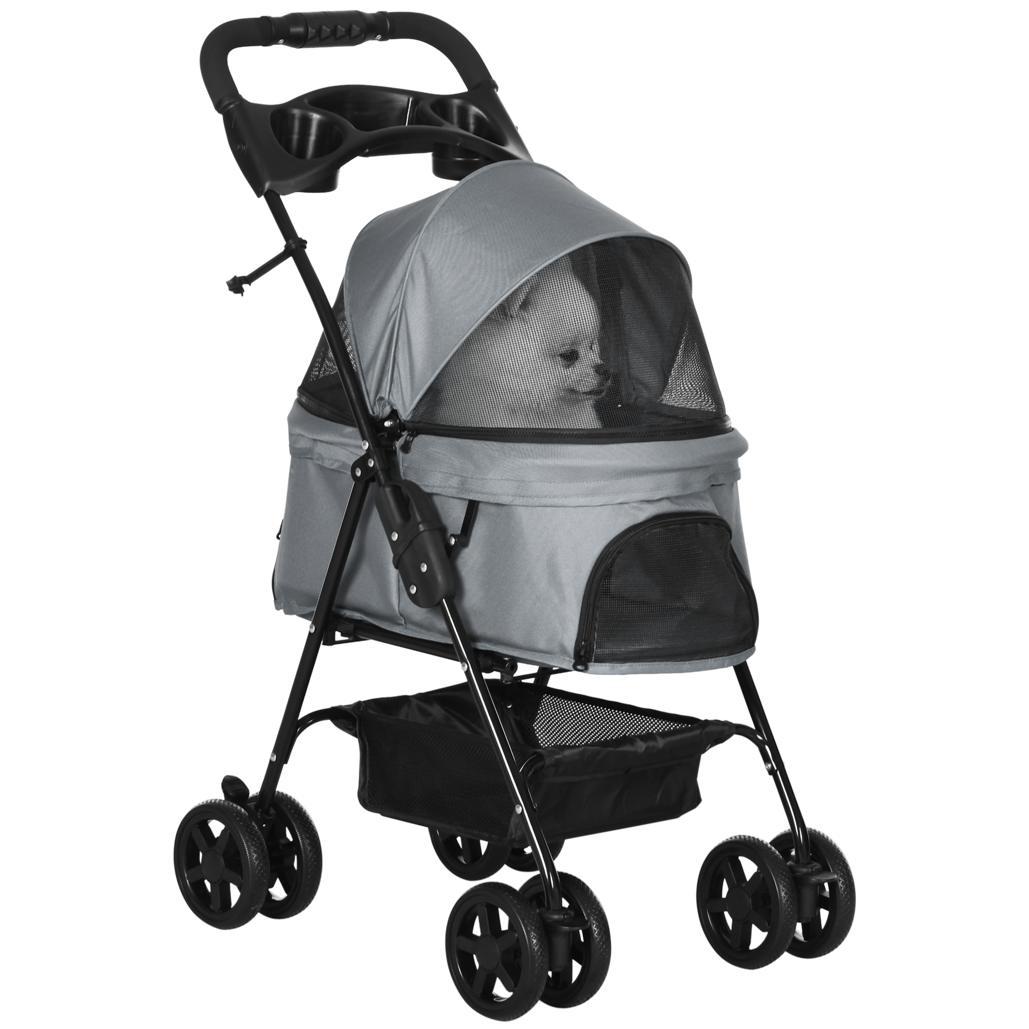 PawHut Dog Pram Dog Stroller Foldable Pet Pushchair With 4 Wheels, Safety Leashes, Cup Holder For Small Dogs, Grey photo 6