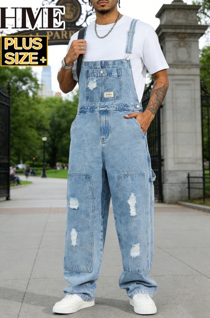 Distressed Denim Overalls Men Plus Size Big And Tall Light Wash Baggy Workwear Bib Overalls US Stock photo 3