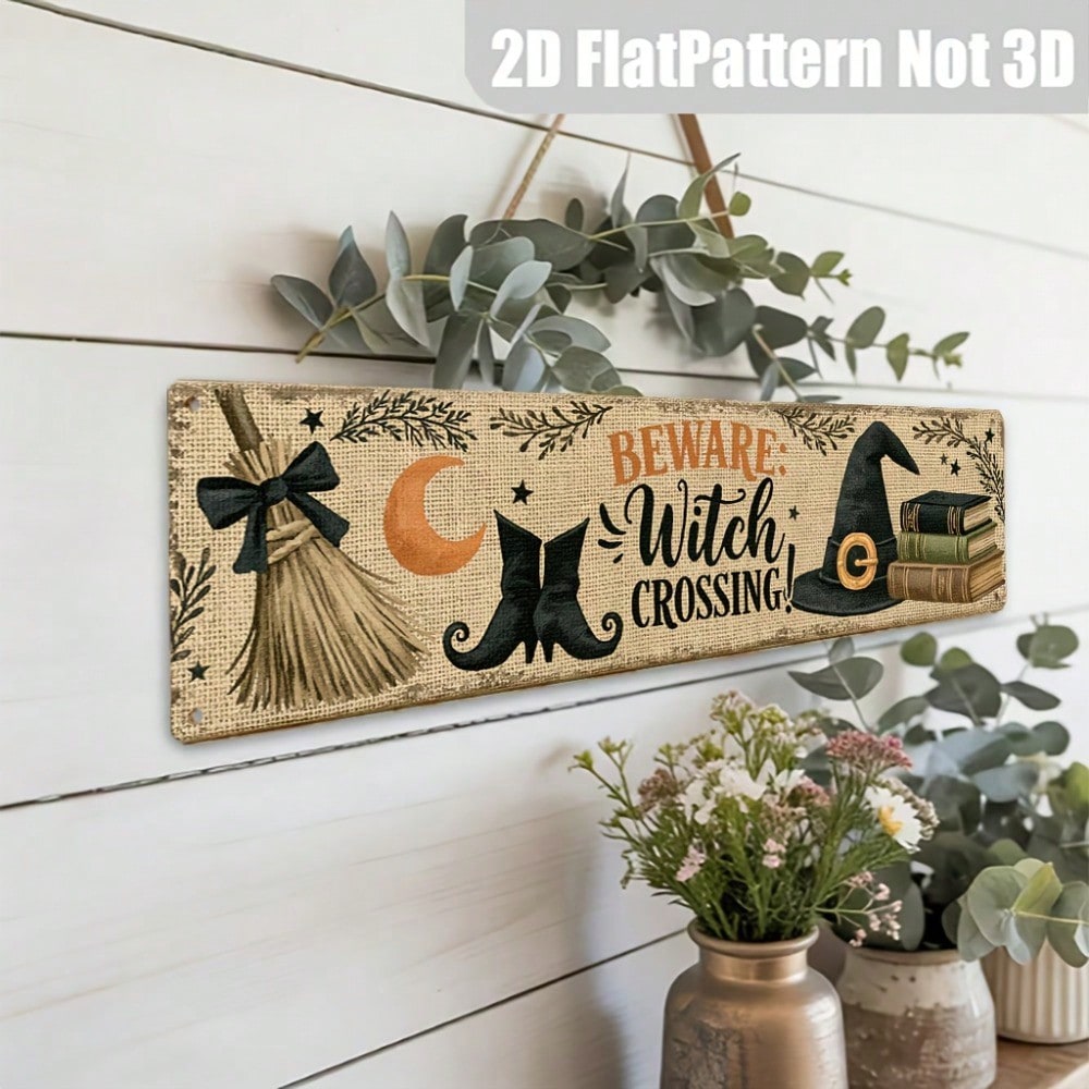 Beware Witch Crossing Metal Sign 2D Flat, Rustic Halloween Entryway Decor photo 5