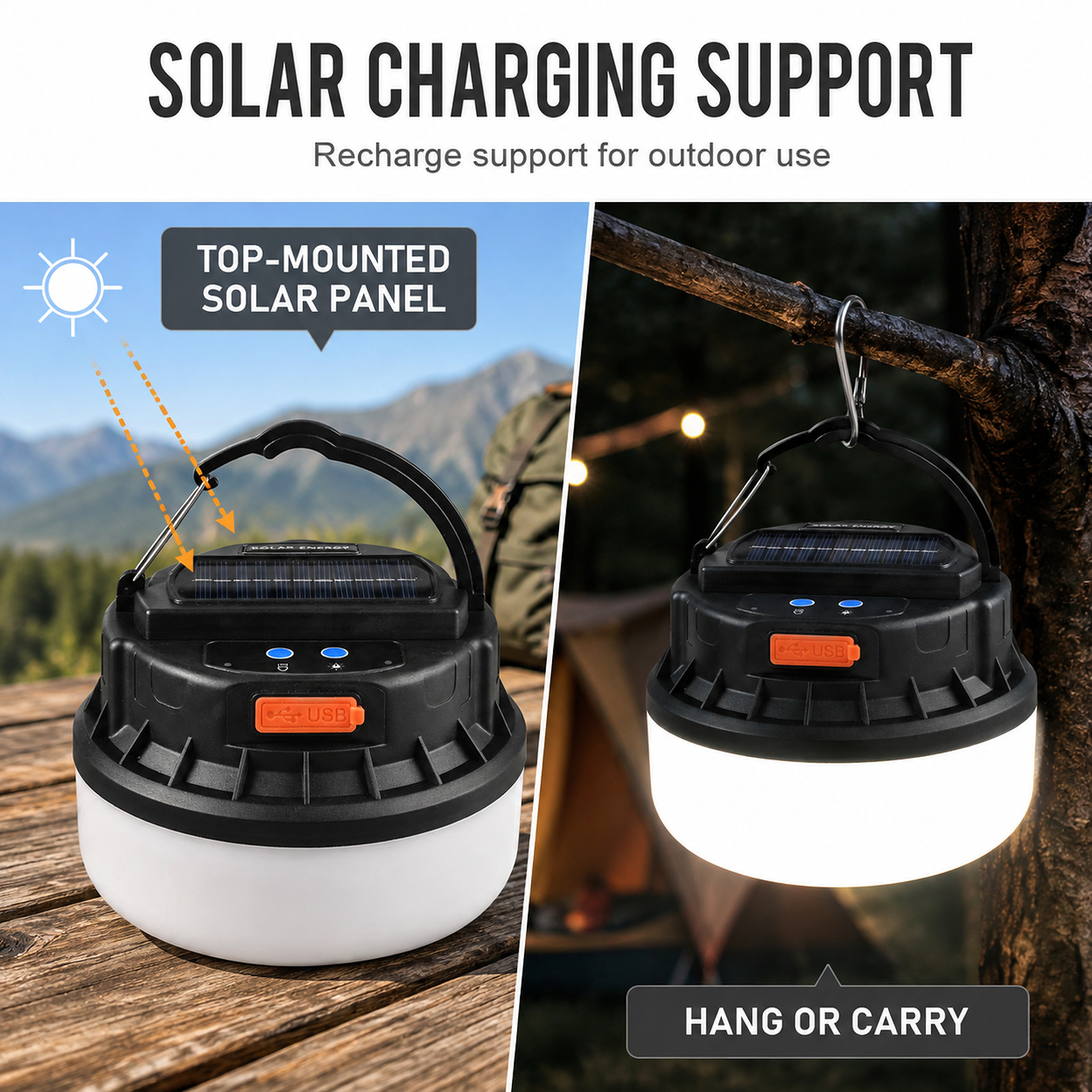 D41 2 Camping Lantern 1800mAh Hanging Hook Type C For Outdoor Factory Supply Solar Powered photo 5
