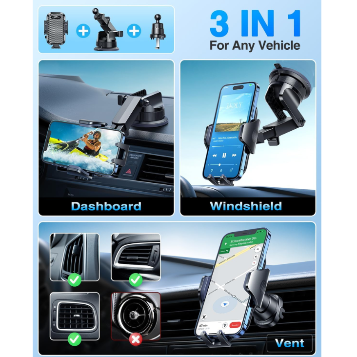 Car Phone Holder VANMASS Upgraded Strongest Suction Clip Cell Phone Mount For Dashboard Windshield Vent Kit, Truck Cradle Stand For 18 Pro Max 17 16 15 Android,Ink Black photo 5