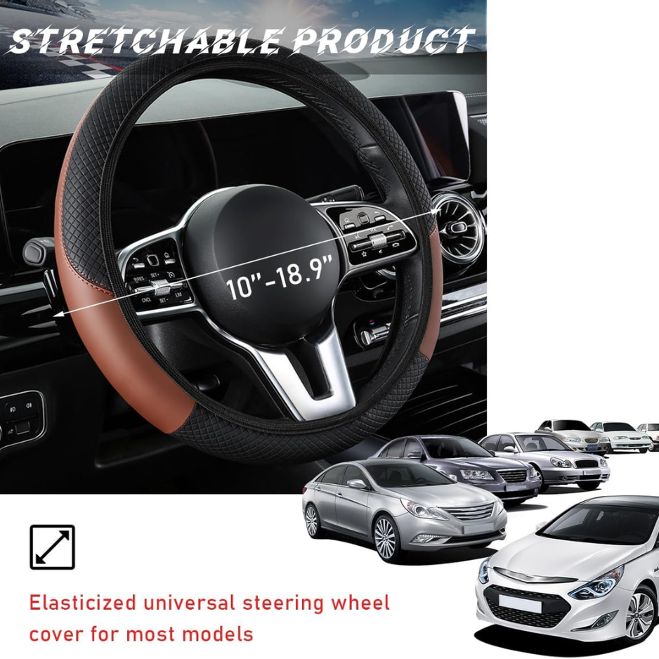 Car Steering Wheel Cover, 15 Inch Leather Breathable Auto Steering Wheel Protector, Comfortable Non-Slip Vehicle Steering Wheel Covers, Universal Interior Car Accessories Black&Coffee, AD photo 4