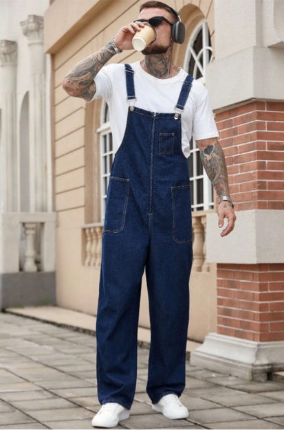 US Ready Stock Mens Denim Overalls Dark Blue Loose Fit Straight Leg Bib Overalls Casual Workwear For Men photo 3
