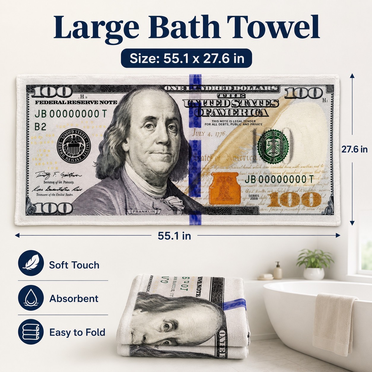55x28in Cash Print Beach Towel Soft Velour Absorbent US Dollar Seaside Pool Towel photo 3