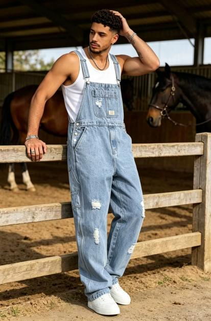 Light Wash Mens Denim Overalls Distressed Baggy Loose Fit Bib Dungarees Vintage Streetwear US Ready Stock photo 5