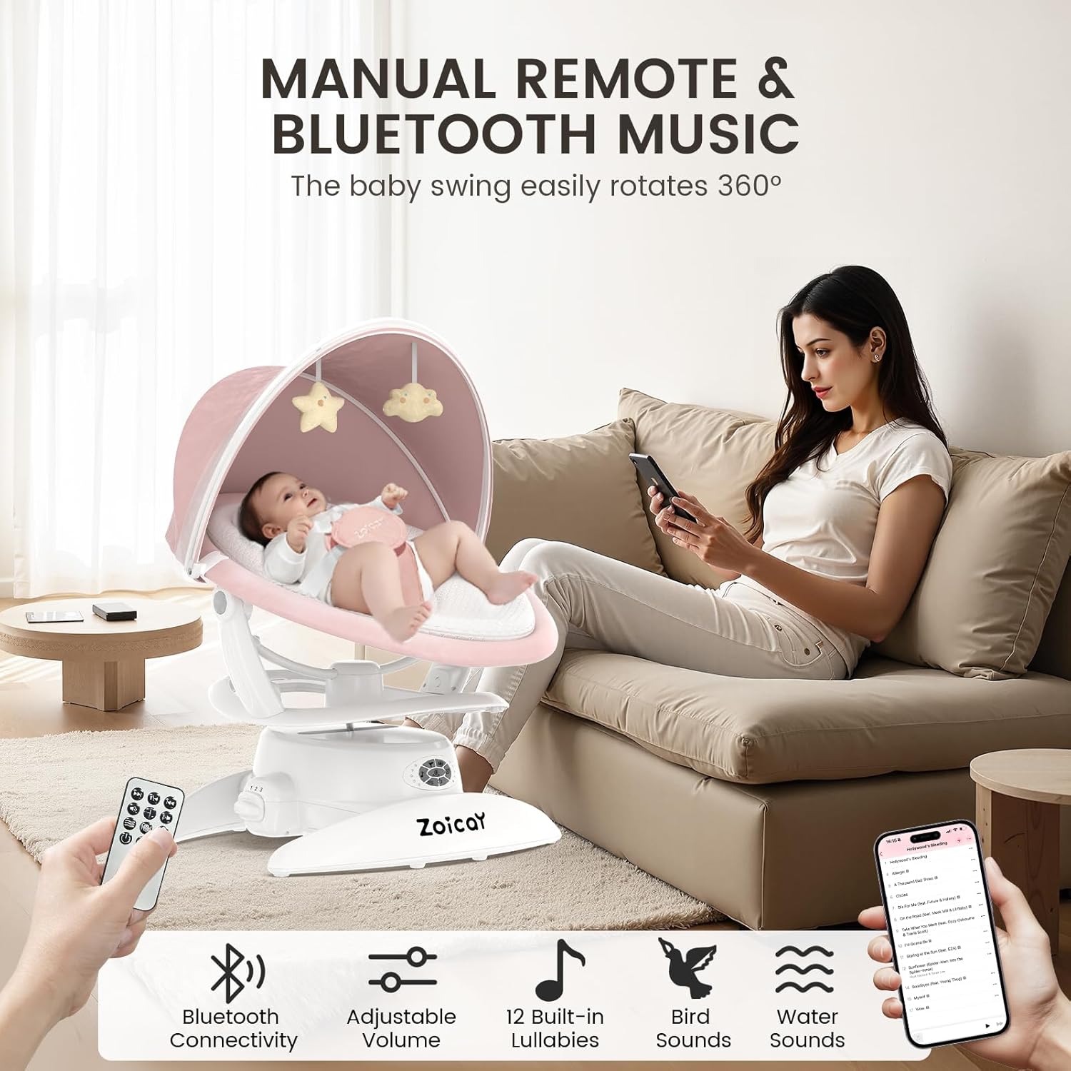 Baby Swing For Infants With Motion Detection, Electric Baby Swing With 3 Swing Modes, 12 Lullabies  5-Speeds photo 6