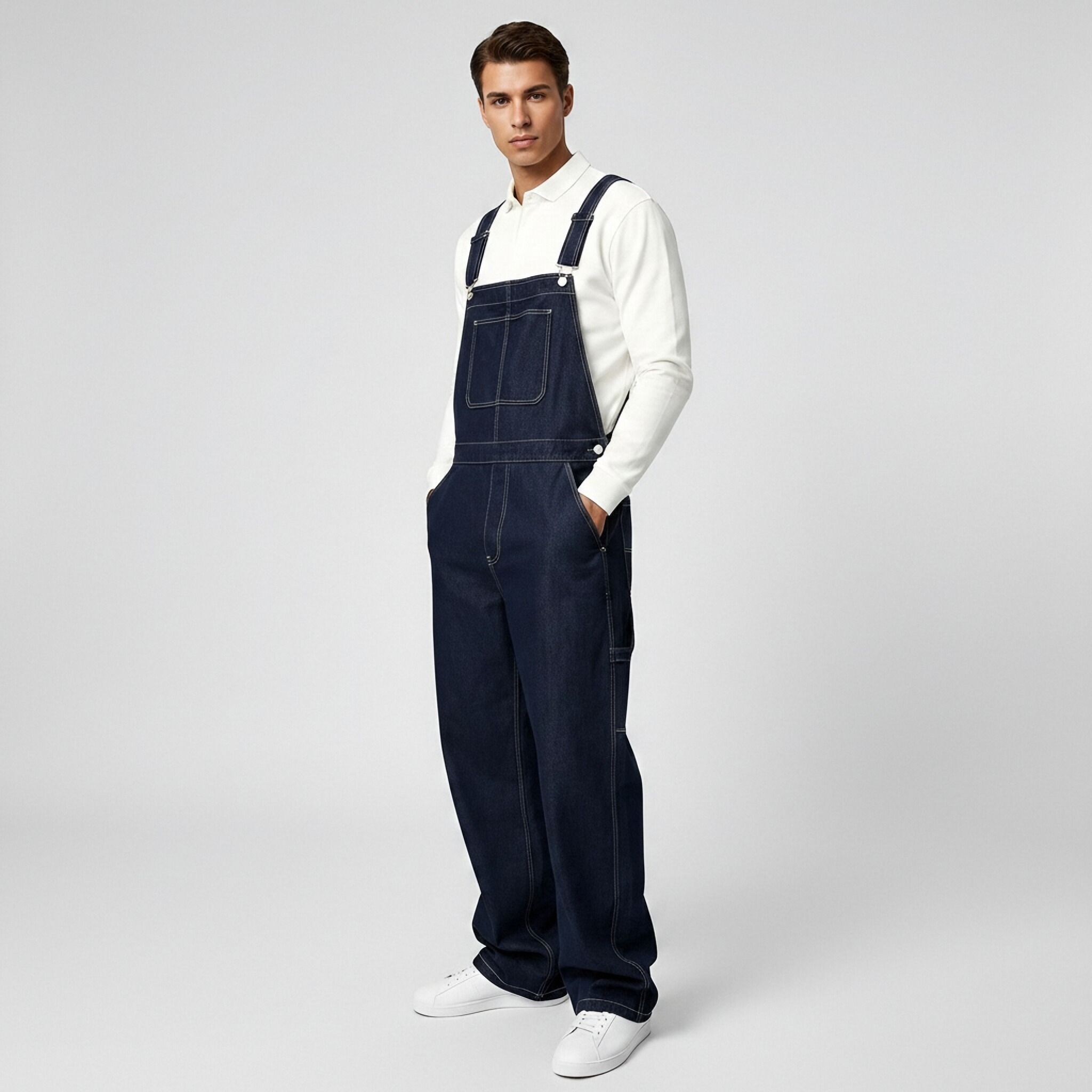 Dark Indigo Mens Denim Bib Overalls Loose Straight Leg Carpenter Workwear Dungarees US Ready Stock photo 7
