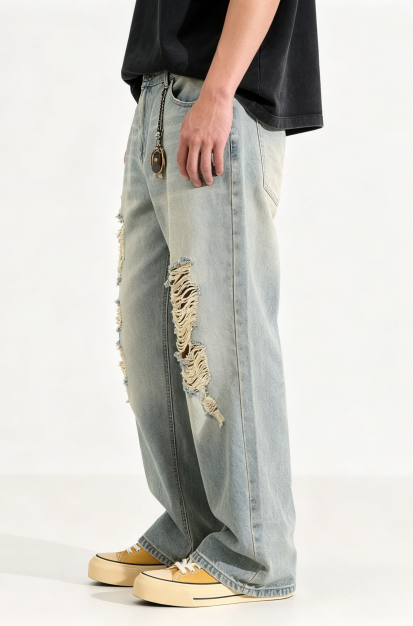 Heavy Ripped Jeans Men Light Wash Baggy Wide Leg Denim Pants Vintage Streetwear Ships From USA photo 7