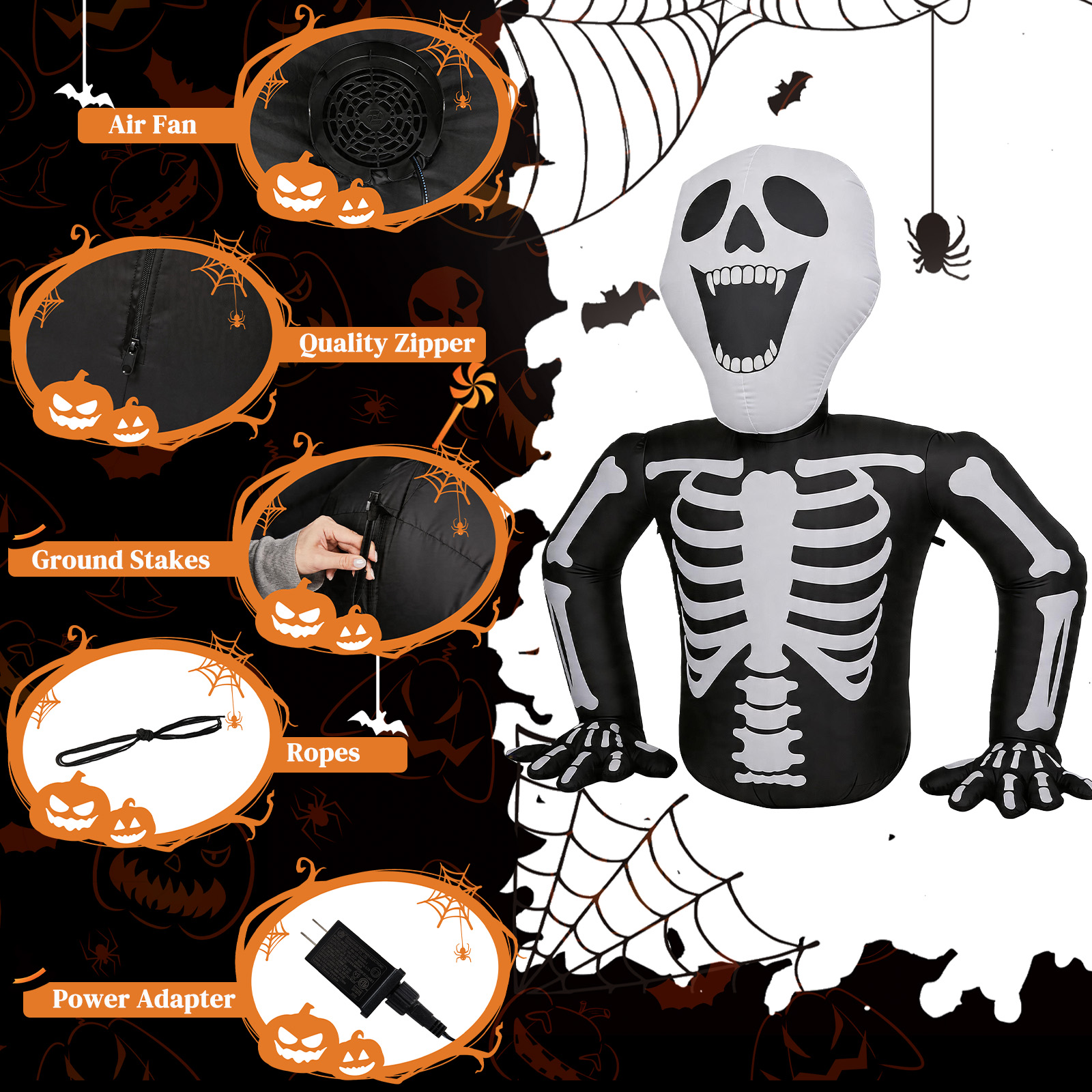 6ft Half-Skull Inflatable Decoration With 3 LED Lights,Black And White,1000mA,12V US Standard photo 7