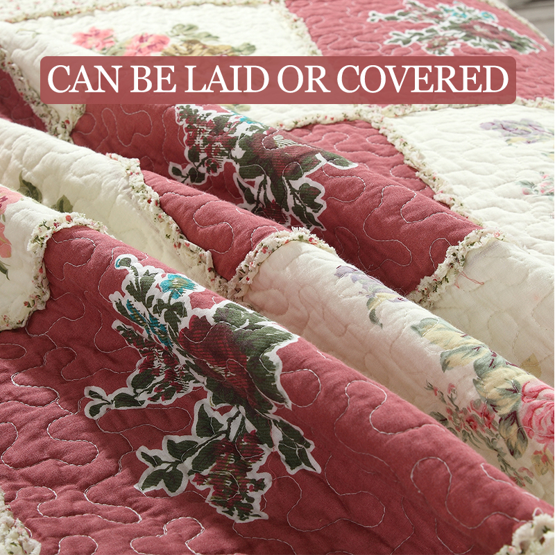 3-Piece Vintage Floral Patchwork Quilted Bedspread Set  Red Beige Rose Grid Scalloped Edge Cotton Filled Quilting Technology Reversible Coverlet Skin-Friendly No Shrinkage Non-Slip Anti-Wrinkle photo 3