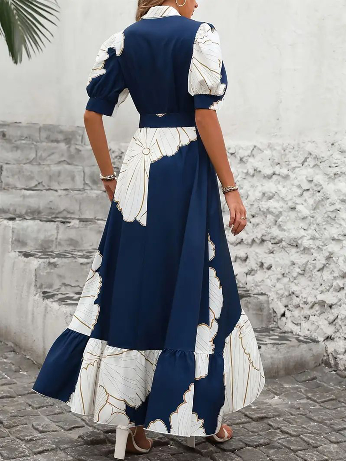 Women's Floral Print Button Down Shirt Dress Puff Short Sleeve Self Tie Waist Asymmetrical Hem Maxi Dress photo 4