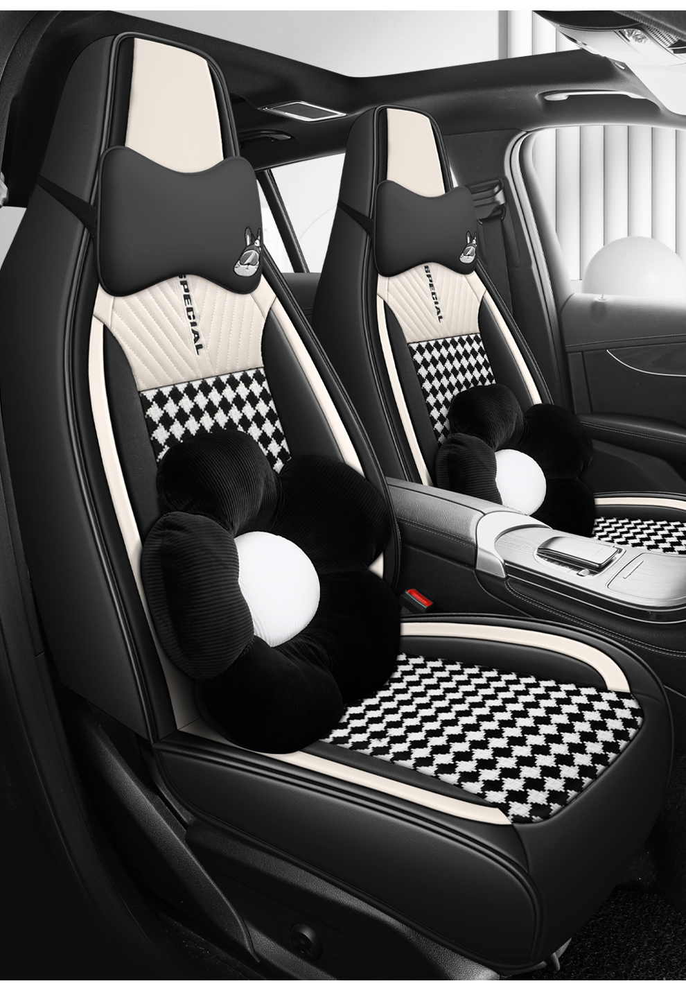 Light Luxury Nordic Style Classic Black White Checkered Plaid Car Seat Covers Full 5-Seat Set Breathable Soft Universal Auto Seat Cushion Protector For Vehicles photo 4