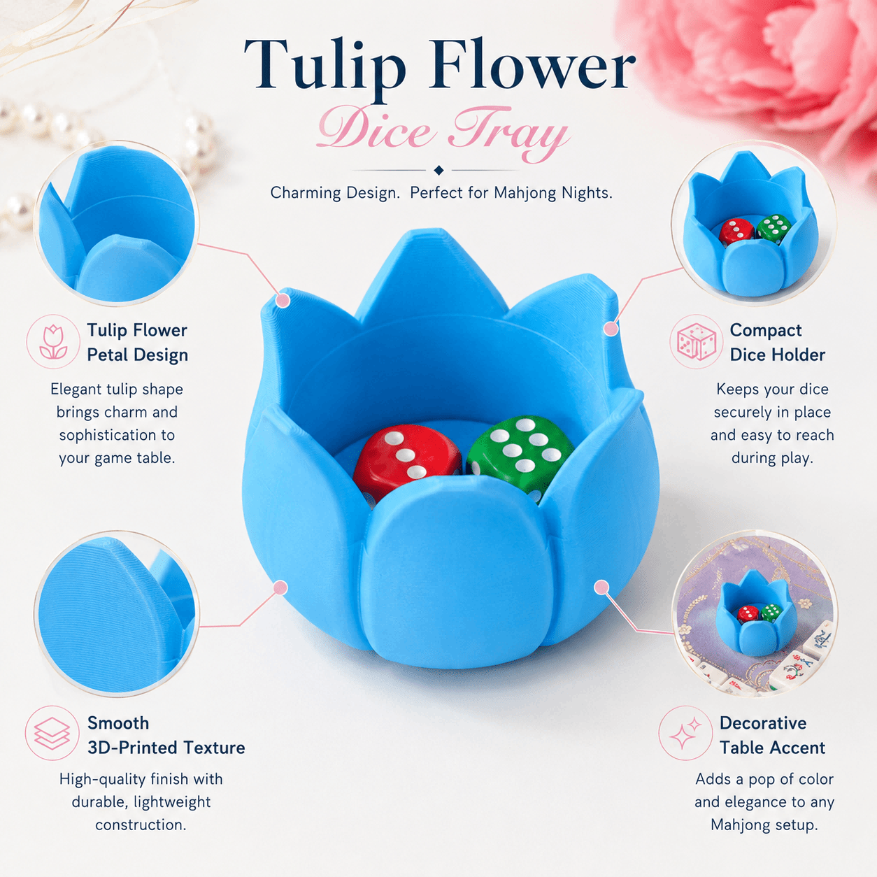 Tulip Flower Mahjong Dice Tray, 3D Printed Dice Holder For Mahjong Game Night, Decorative Table Accessory, Colorful Game Room Decor photo 8
