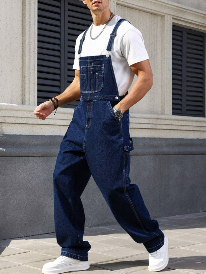 Men's Denim Overalls Loose Fit Carpenter Bib Pants Workwear Jeans Streetwear Ready Stock photo 4