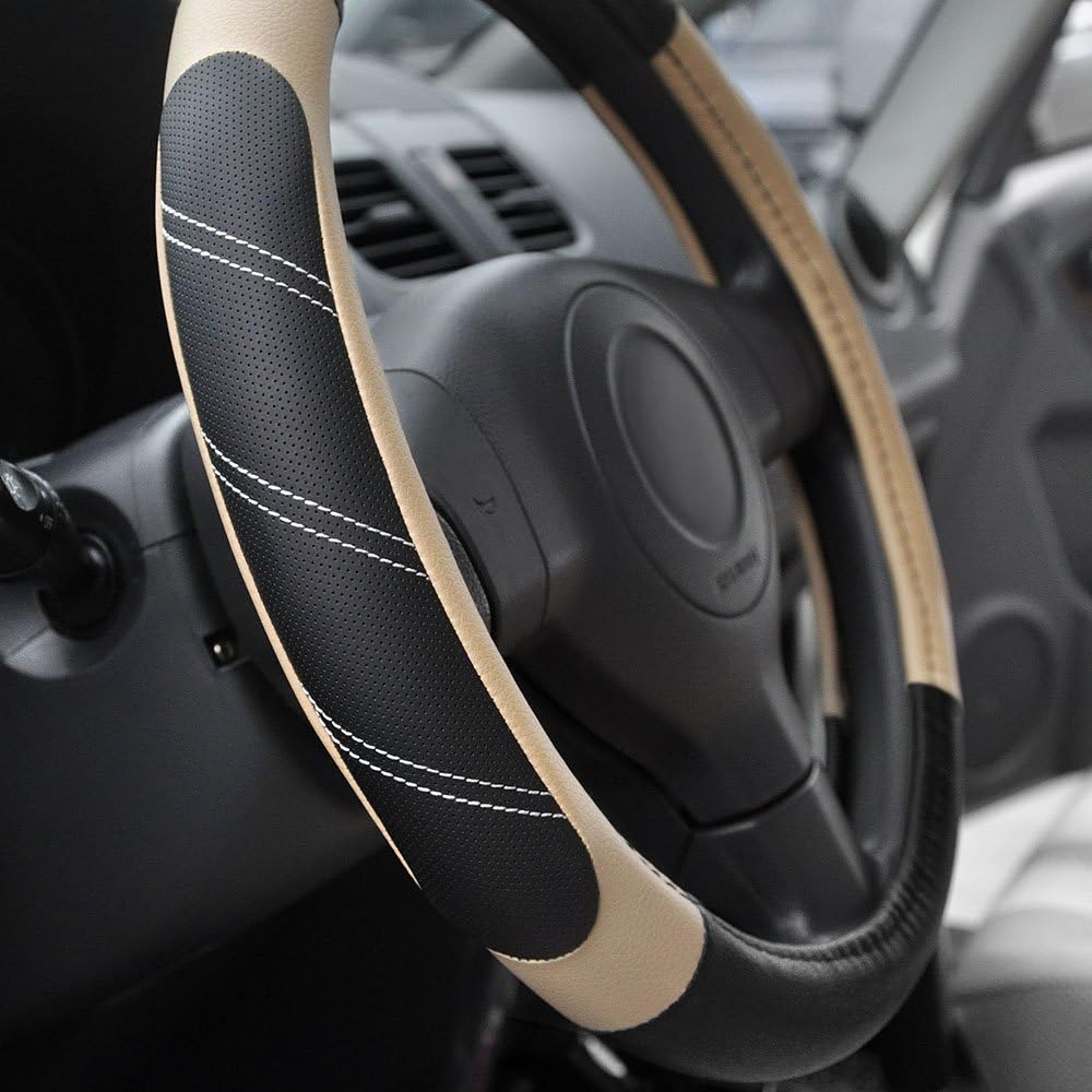 Sport Leather Steering Wheel Cover 14.5-15 Inch, Soft Padded Anti Slip Grip For Cars, Trucks, SUVs And Jeeps, Black Beige photo 2