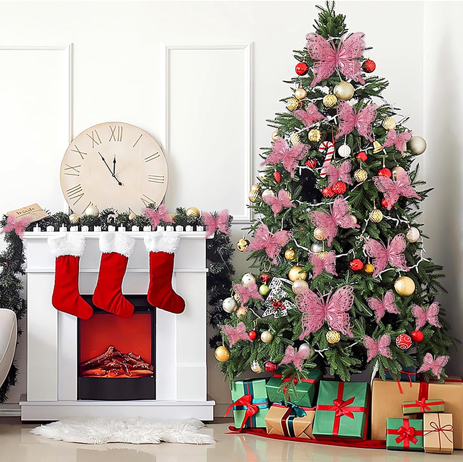 Pink Glitter Butterfly Christmas Ornaments 36 Units, 3D Hollow Out Decorations In 3 Sizes For Tree, Wedding, Wreath And Party photo 4