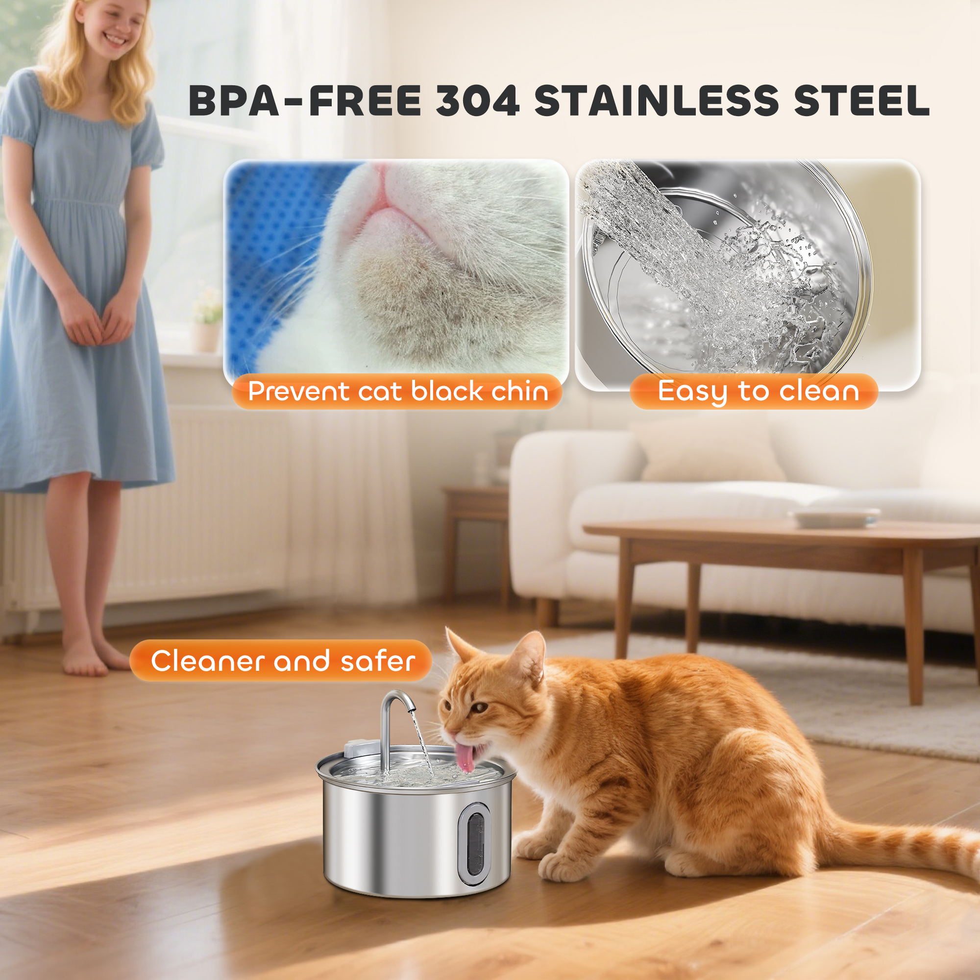 2.5L Stainless Steel Cat Water Fountain With Ultra Quiet Pump Water Level Window And 7 Filters photo 7