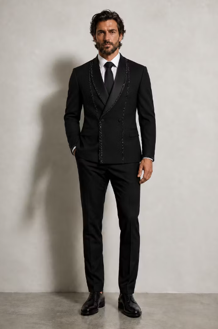 Black Beaded Trim Double-Breasted Tuxedo Suit Set photo 1
