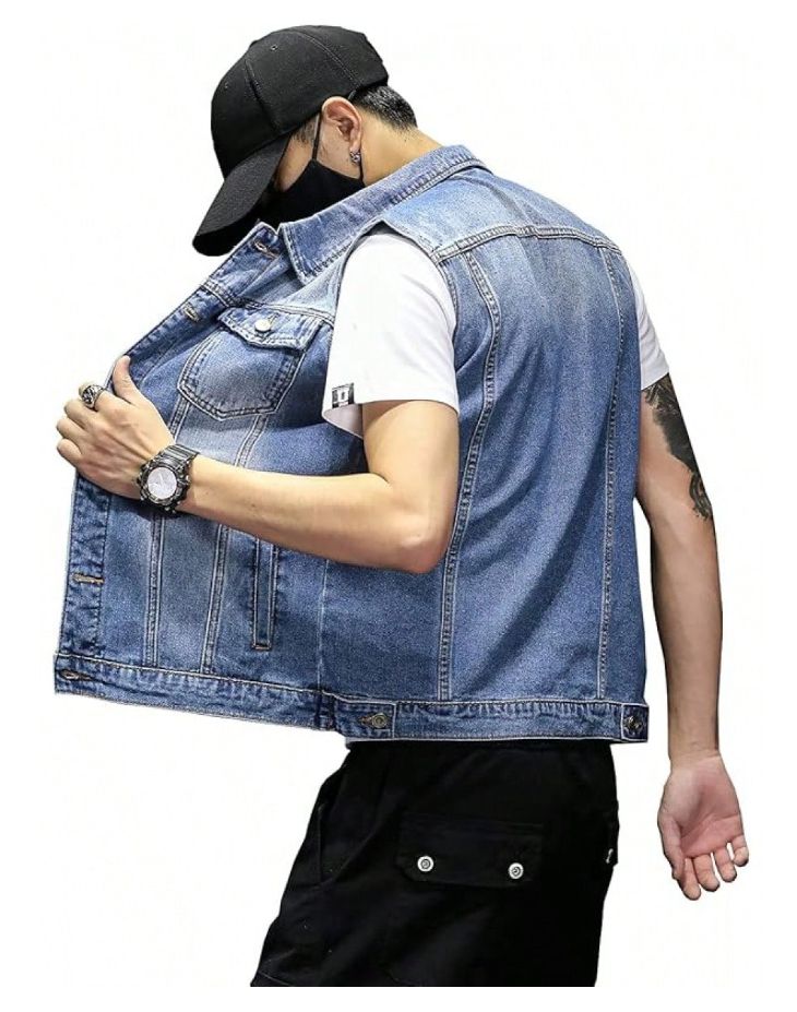 Classic Denim Vest Men Light Blue Washed Sleeveless Jean Jacket Casual USA Warehouse Stock photo 6