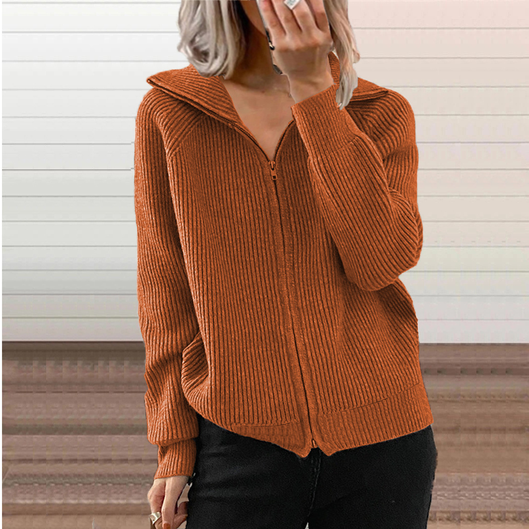 European And American Cross-border Fall And Winter New Style Striped Casual Jackets, Loose Knitted Tops With Zippers, Long-sleeved Lapel Sweaters For Women, Available In 6 Colors. photo 2