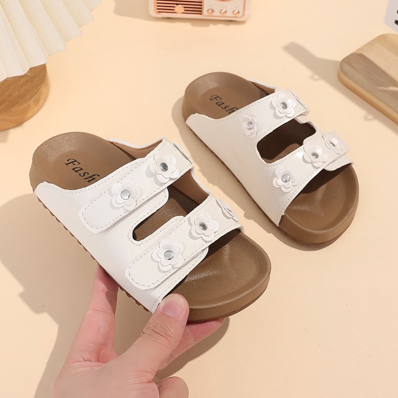 2026 New Girls Floral Rhinestone Slide Slippers, Adjustable Strap Soft Sole Non-slip Kids One-Strap Slides For Outdoor Summer Wear photo 2